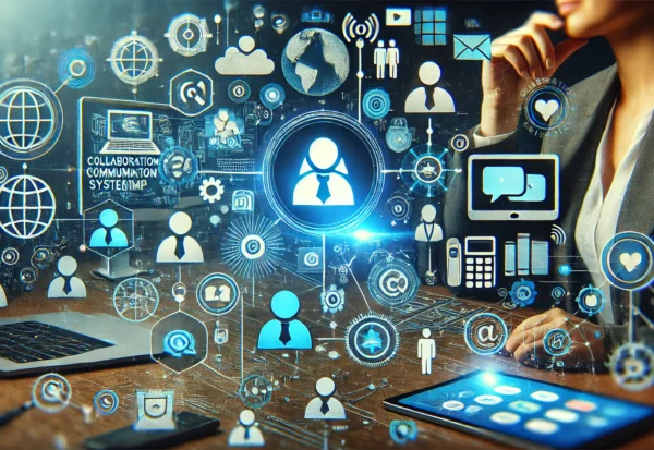 DALL·E 2025-03-25 12.09.17 - A high-definition professional image representing 'Collaboration & Communication Systems Internship.' Show elements like video conferencing, messaging